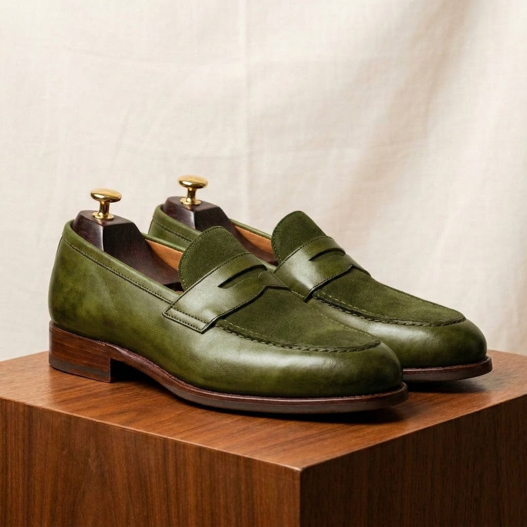Green Leather Garbin Penny Loafer with Natural Leather Sole