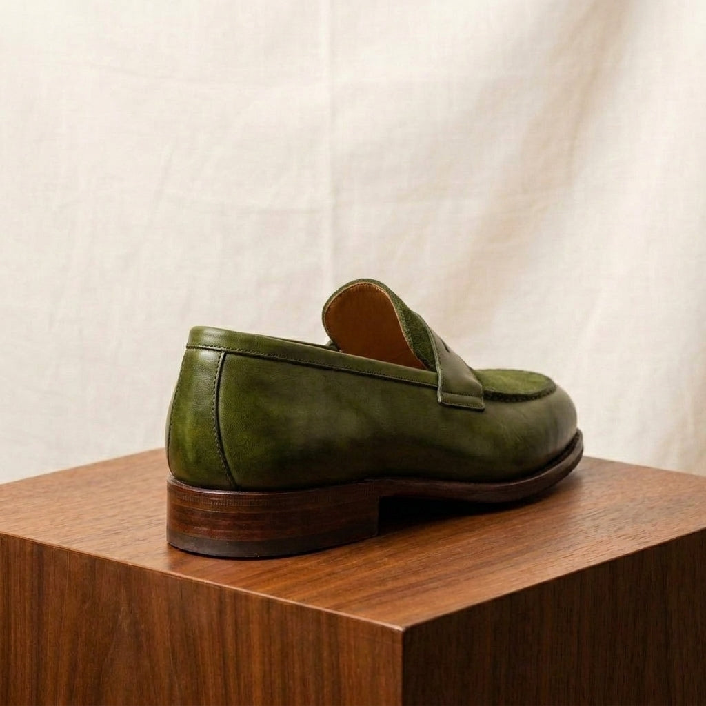 Green Leather Garbin Penny Loafer with Natural Leather Sole