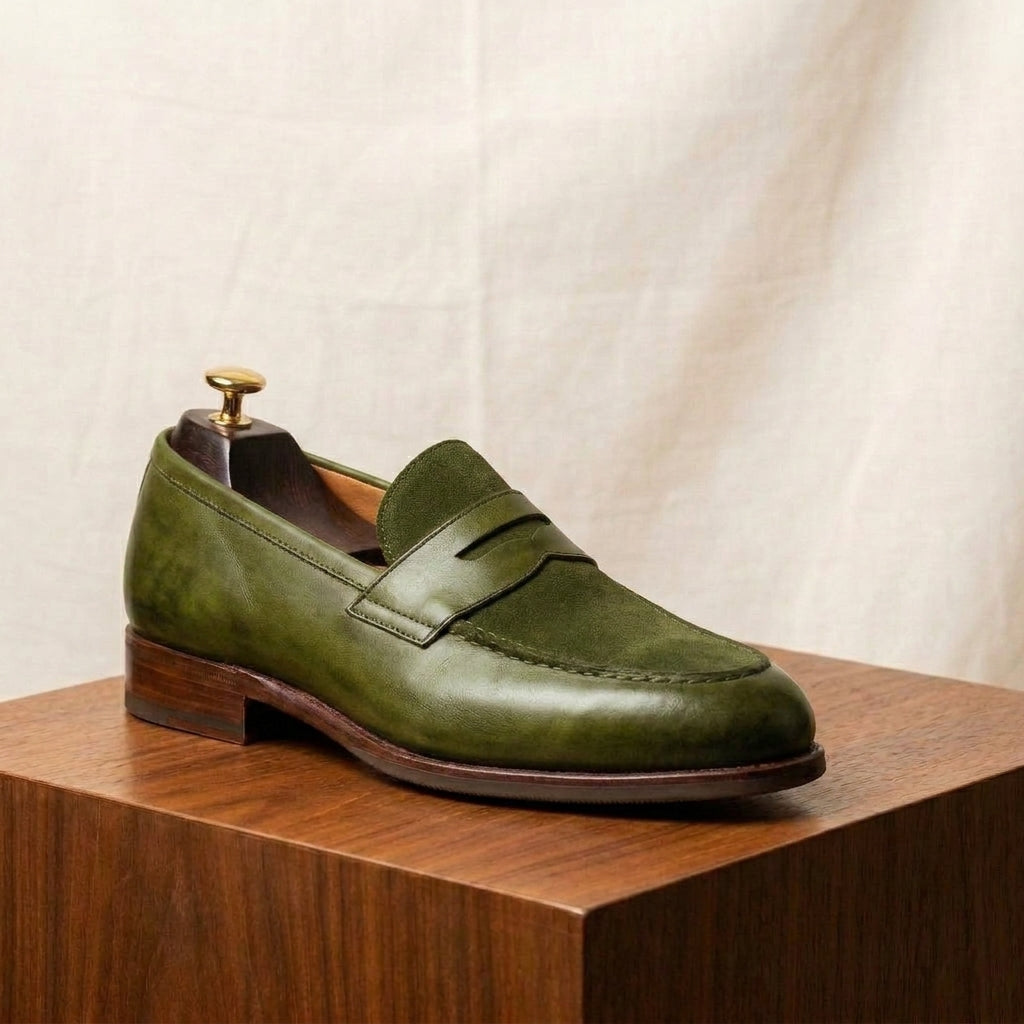 Green Leather Garbin Penny Loafer with Natural Leather Sole