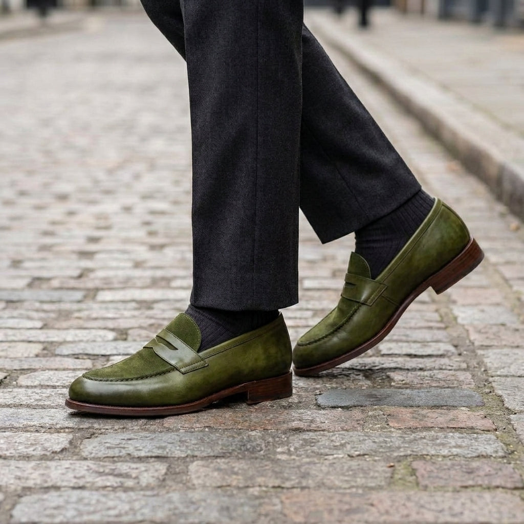 Green Leather Garbin Penny Loafer with Natural Leather Sole