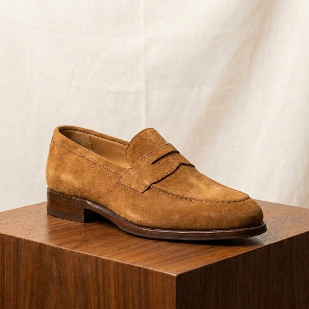 Tan Suede Garbin Penny Loafer with Natural Leather Sole