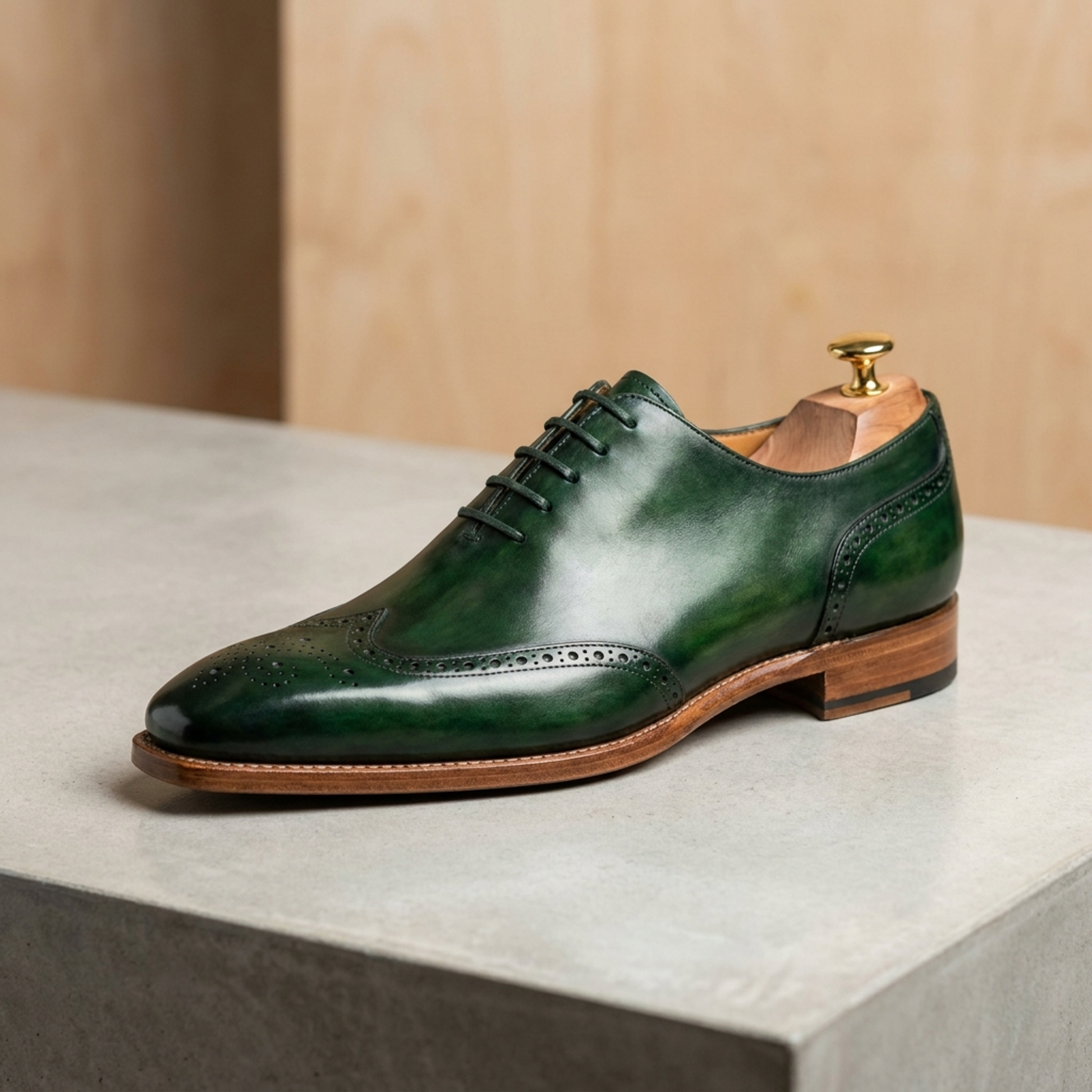 Height Increasing Green Patina Calf Libeccio Whole Cut Oxford with Natural Leather Sole - 3 Inch Hidden Heel