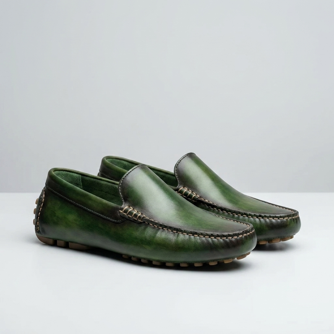 Green Patina Calf Ponente Driving Shoe with Pebble Rubber Sole