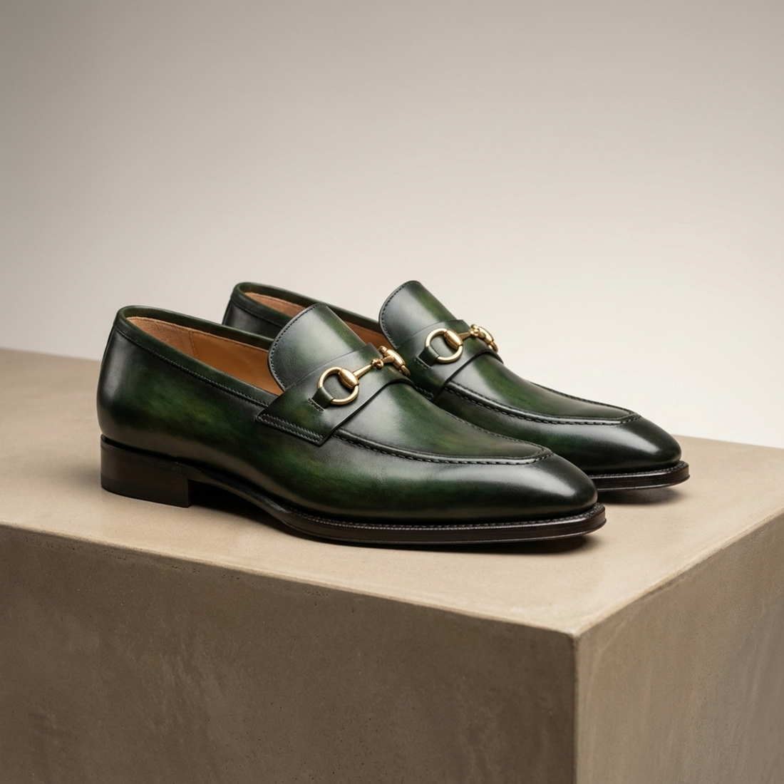Green Patina Calf Solaro Horse Bit Loafer with Natural Leather Sole