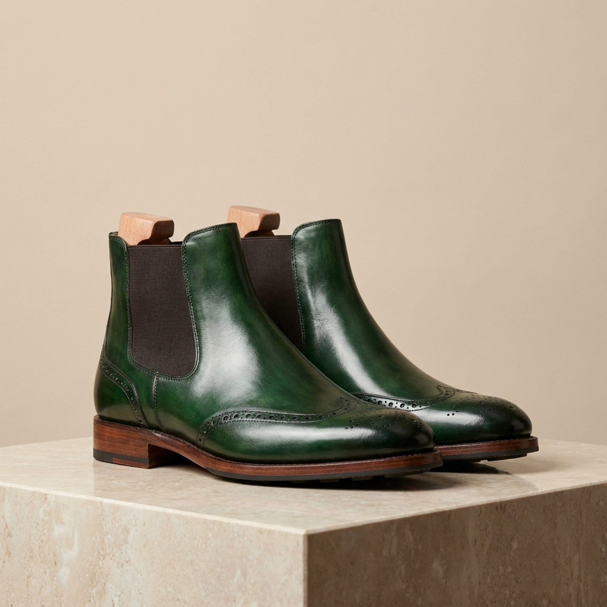 Height Increasing Green Patina Calf Tramontana Chelsea Boot with Natural Leather Sole - 3 Inch Hidden Heel