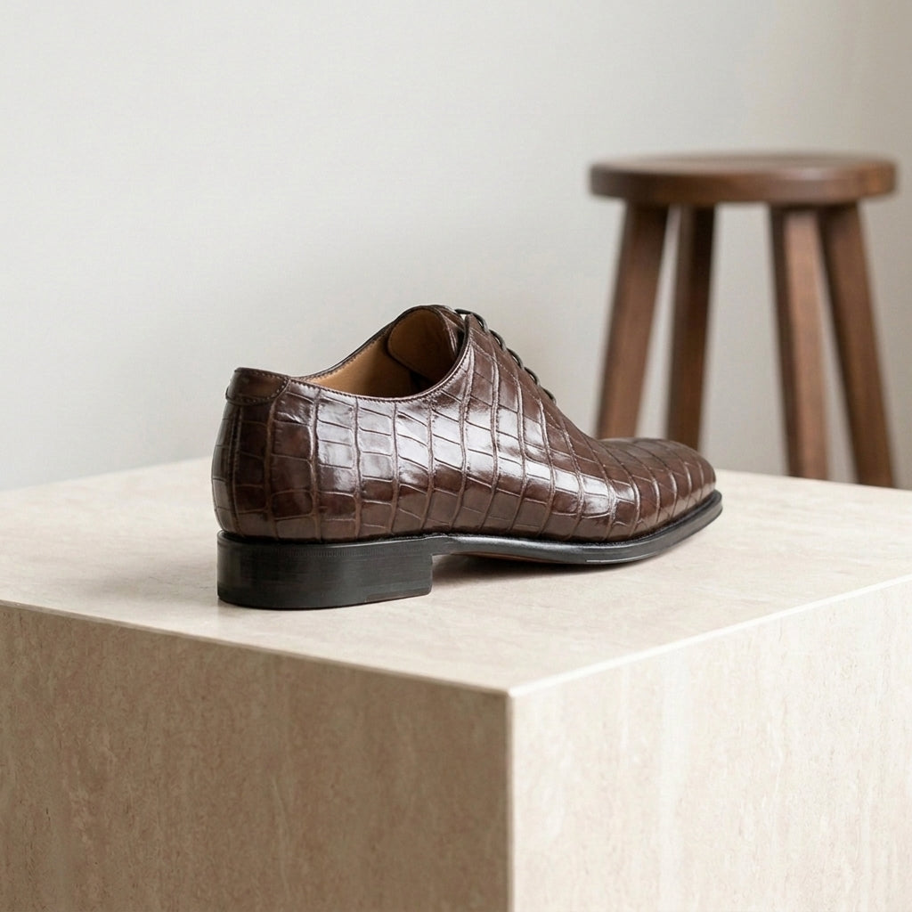 Burgundy Crocodile-Print Leather Libeccio Whole Cut Oxford with Natural Leather Sole