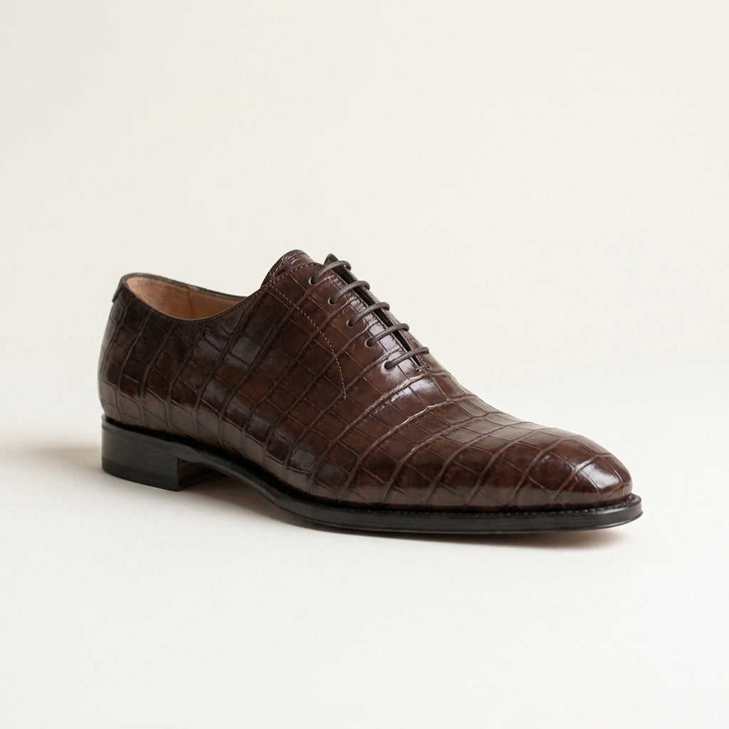 Burgundy Crocodile-Print Leather Libeccio Whole Cut Oxford with Natural Leather Sole