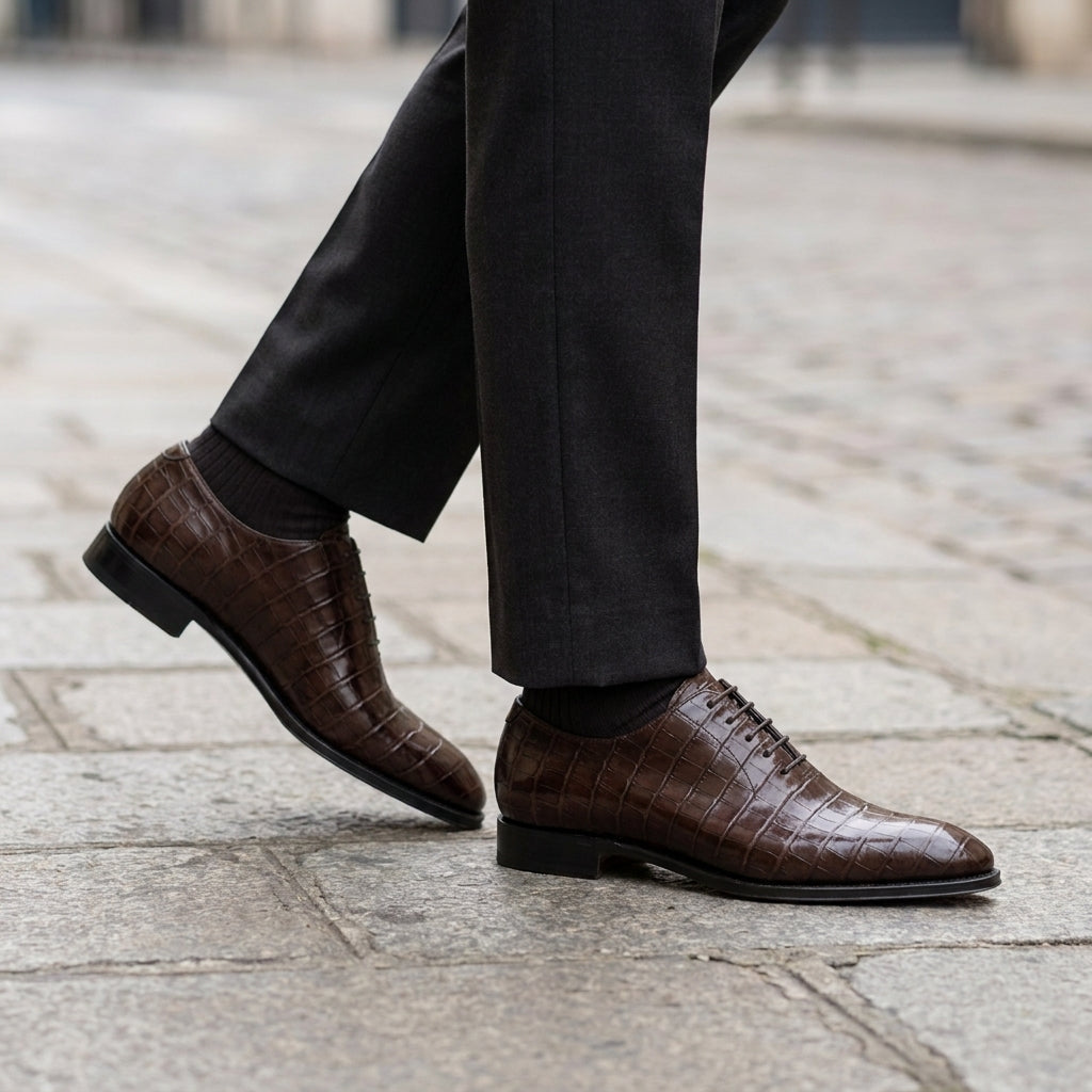 Burgundy Crocodile-Print Leather Libeccio Whole Cut Oxford with Natural Leather Sole