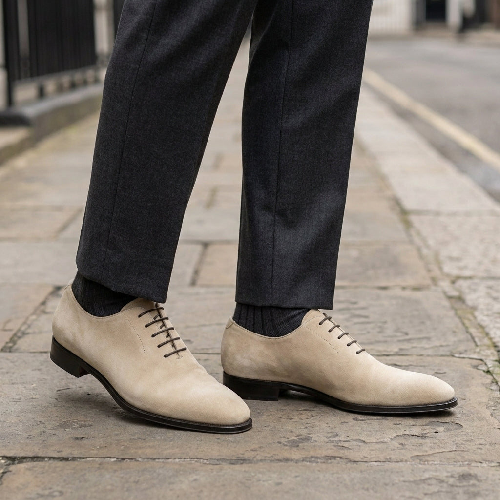 Cream Suede Libeccio Whole Cut Oxford with Natural Leather Sole