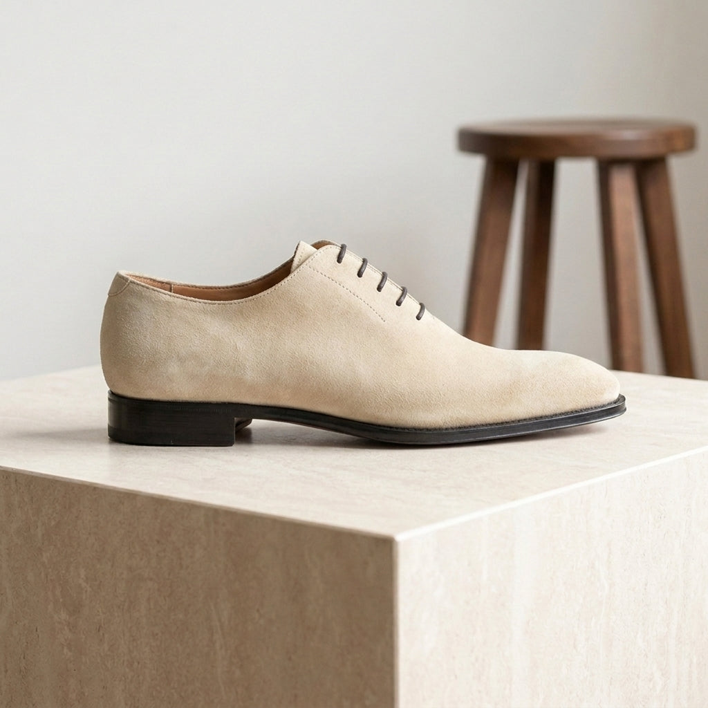 Cream Suede Libeccio Whole Cut Oxford with Natural Leather Sole