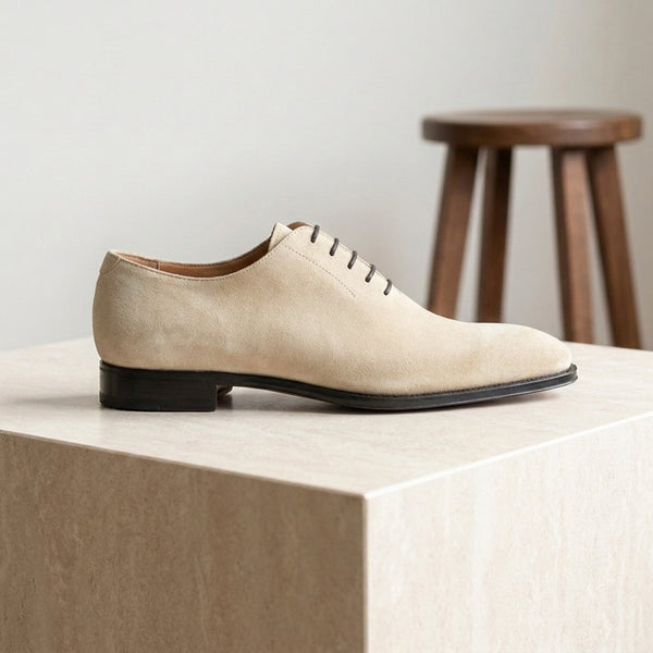 Cream Suede Libeccio Whole Cut Oxford with Natural Leather Sole