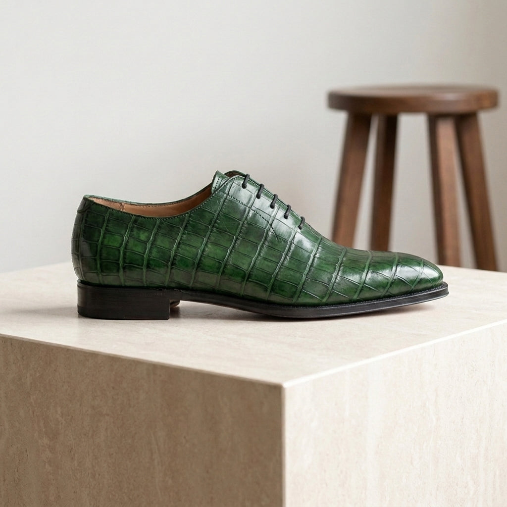 Green Crocodile-Print Leather Libeccio Whole Cut Oxford with Natural Leather Sole