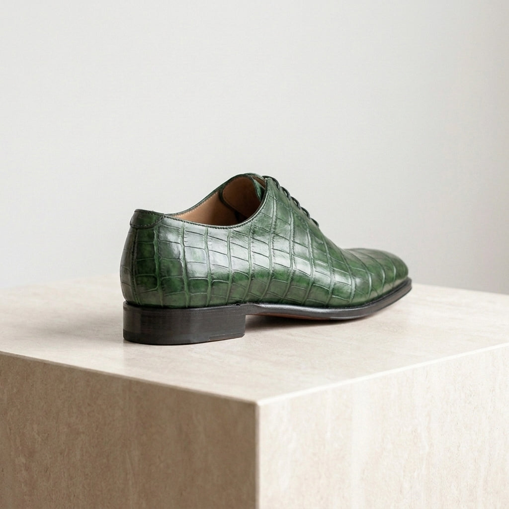 Green Crocodile-Print Leather Libeccio Whole Cut Oxford with Natural Leather Sole