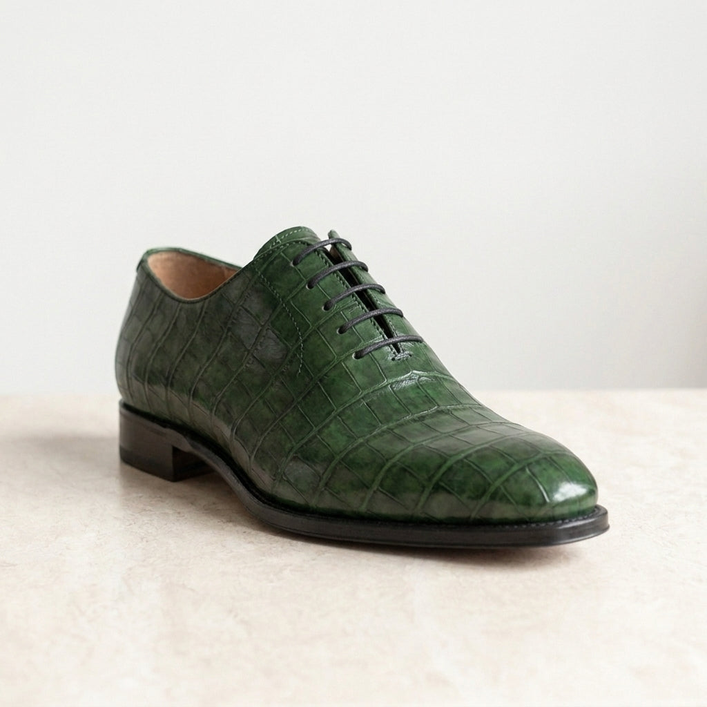 Green Crocodile-Print Leather Libeccio Whole Cut Oxford with Natural Leather Sole