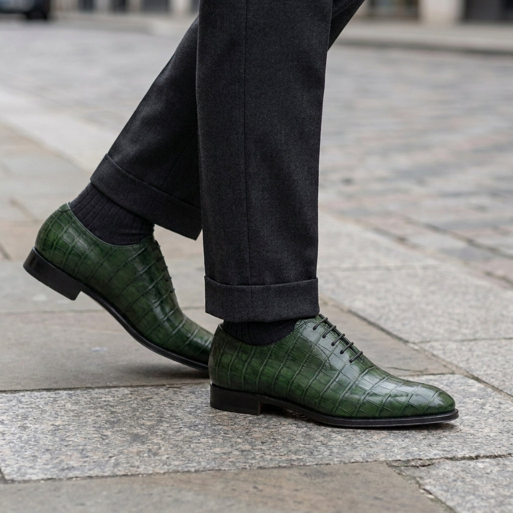Green Crocodile-Print Leather Libeccio Whole Cut Oxford with Natural Leather Sole