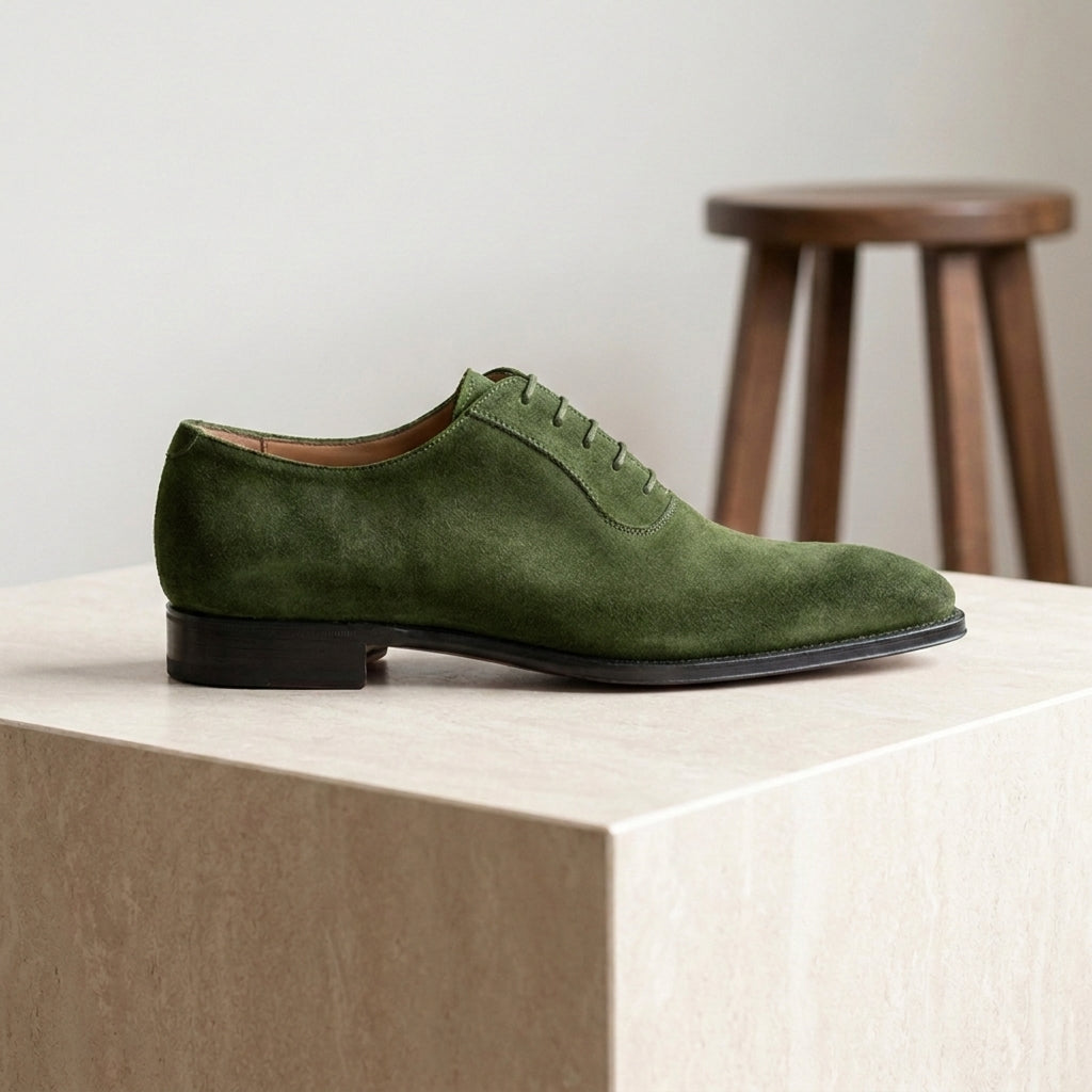 Green Suede Libeccio Whole Cut Oxford with Natural Leather Sole