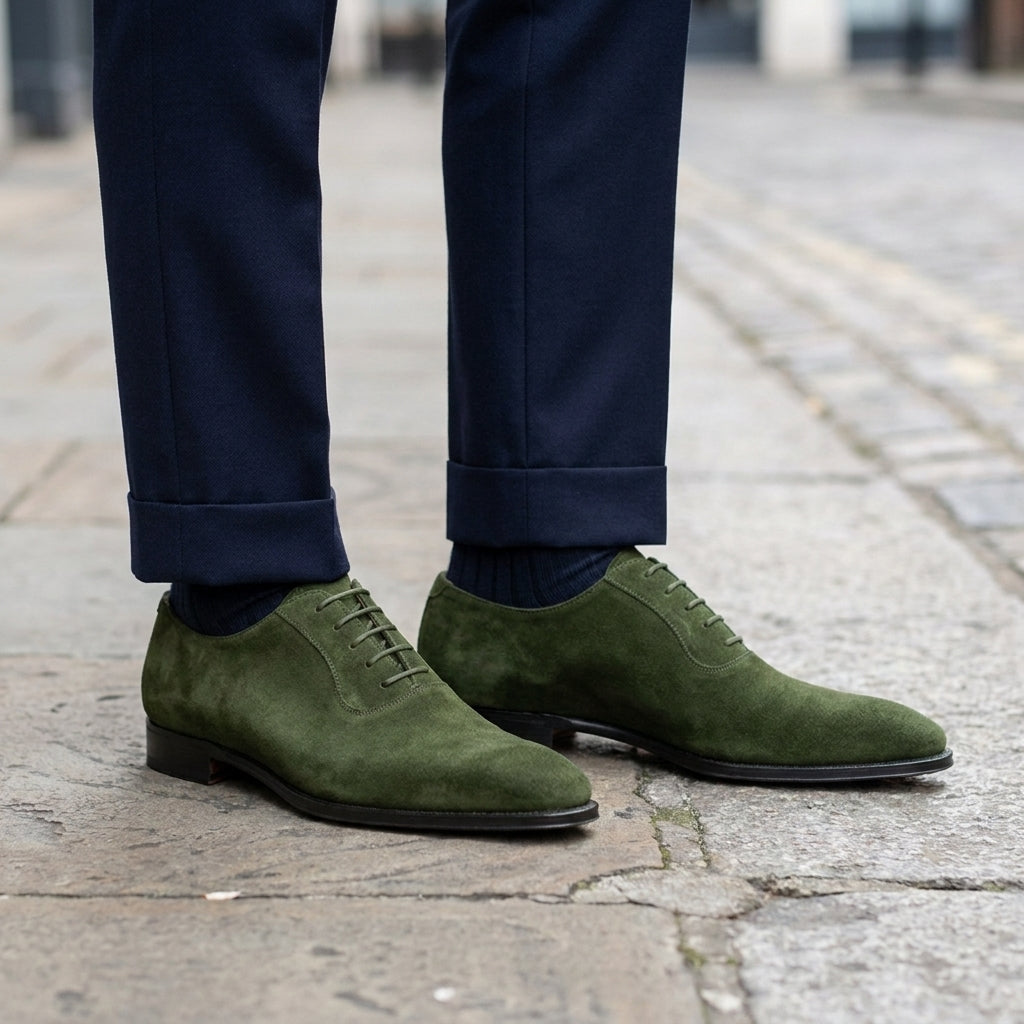 Green Suede Libeccio Whole Cut Oxford with Natural Leather Sole