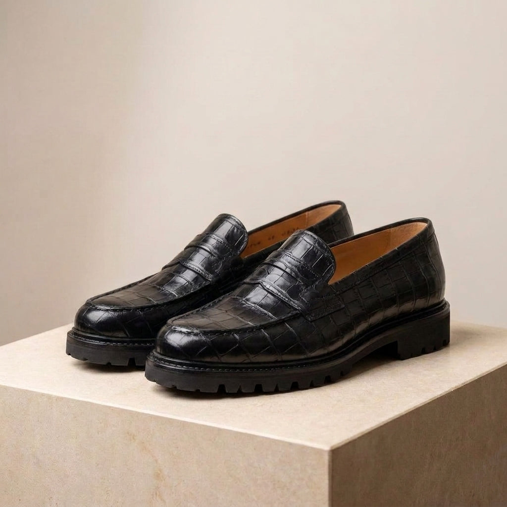 Black Crocodile-Print Leather Presanella Chunky Penny Loafer with Pebble Rubber Sole