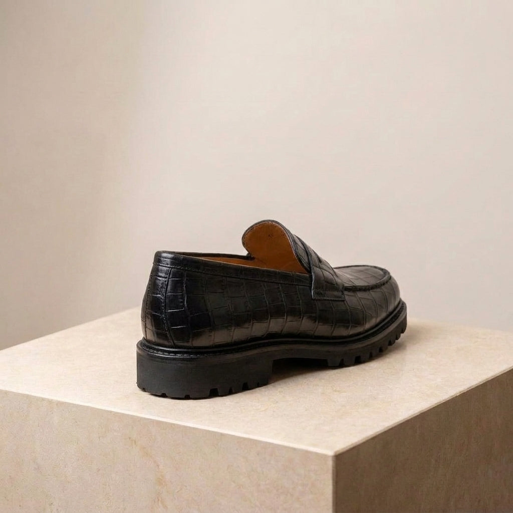 Black Crocodile-Print Leather Presanella Chunky Penny Loafer with Pebble Rubber Sole