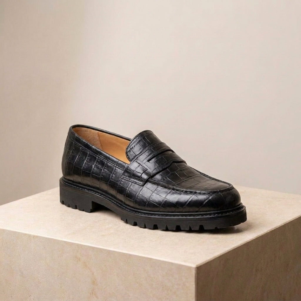 Black Crocodile-Print Leather Presanella Chunky Penny Loafer with Pebble Rubber Sole