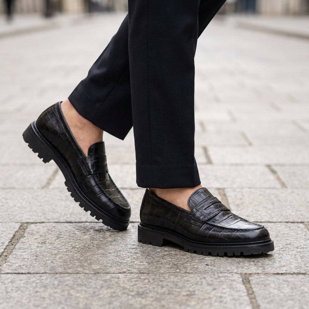 Black Crocodile-Print Leather Presanella Chunky Penny Loafer with Pebble Rubber Sole