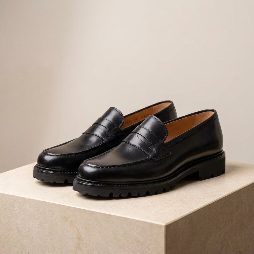 Black Leather Presanella Chunky Penny Loafer with Pebble Rubber Sole