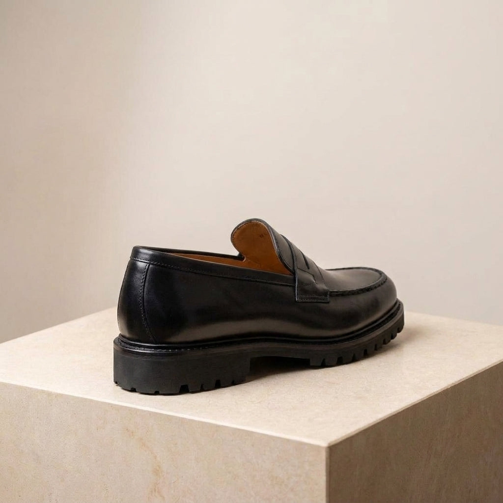 Black Leather Presanella Chunky Penny Loafer with Pebble Rubber Sole