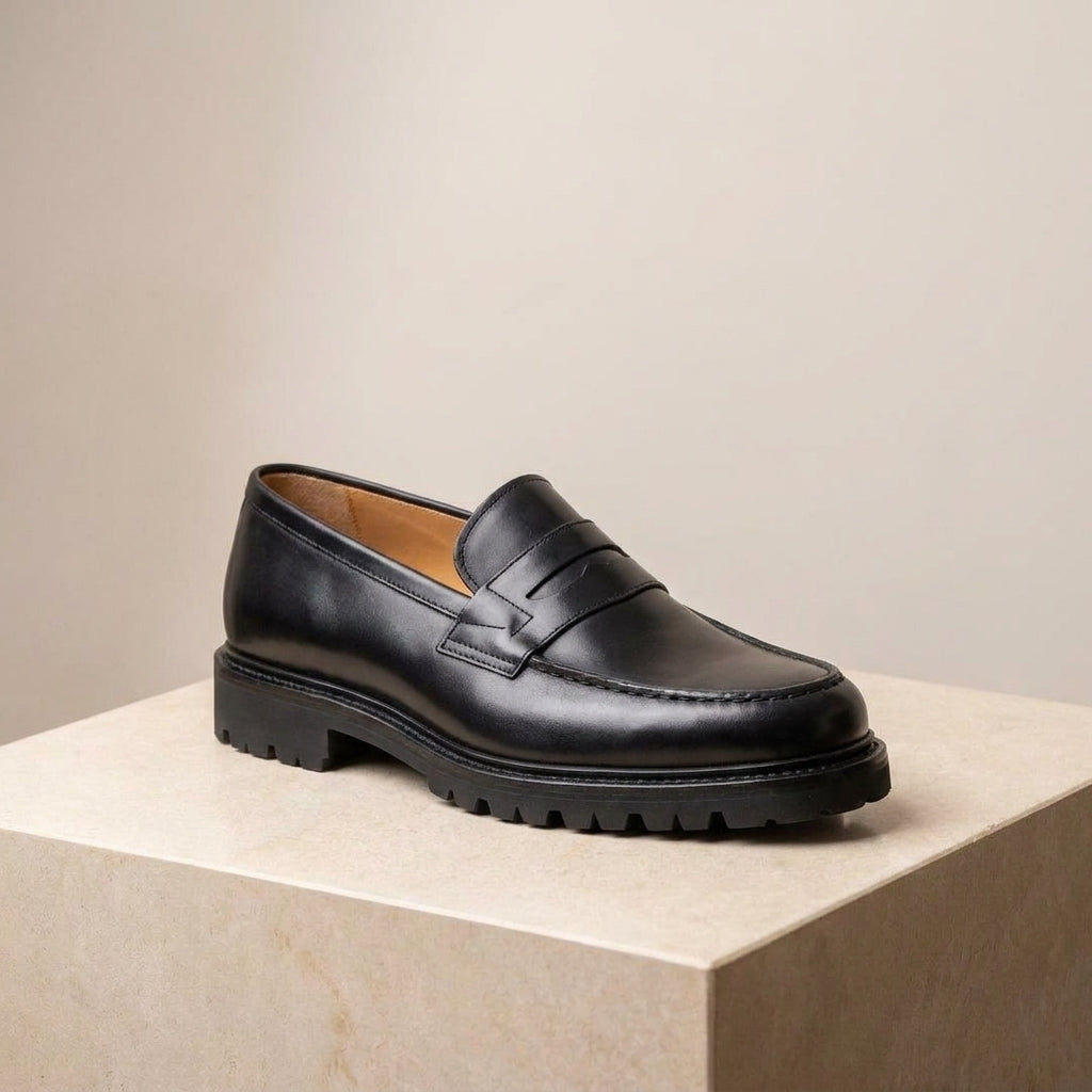 Black Leather Presanella Chunky Penny Loafer with Pebble Rubber Sole