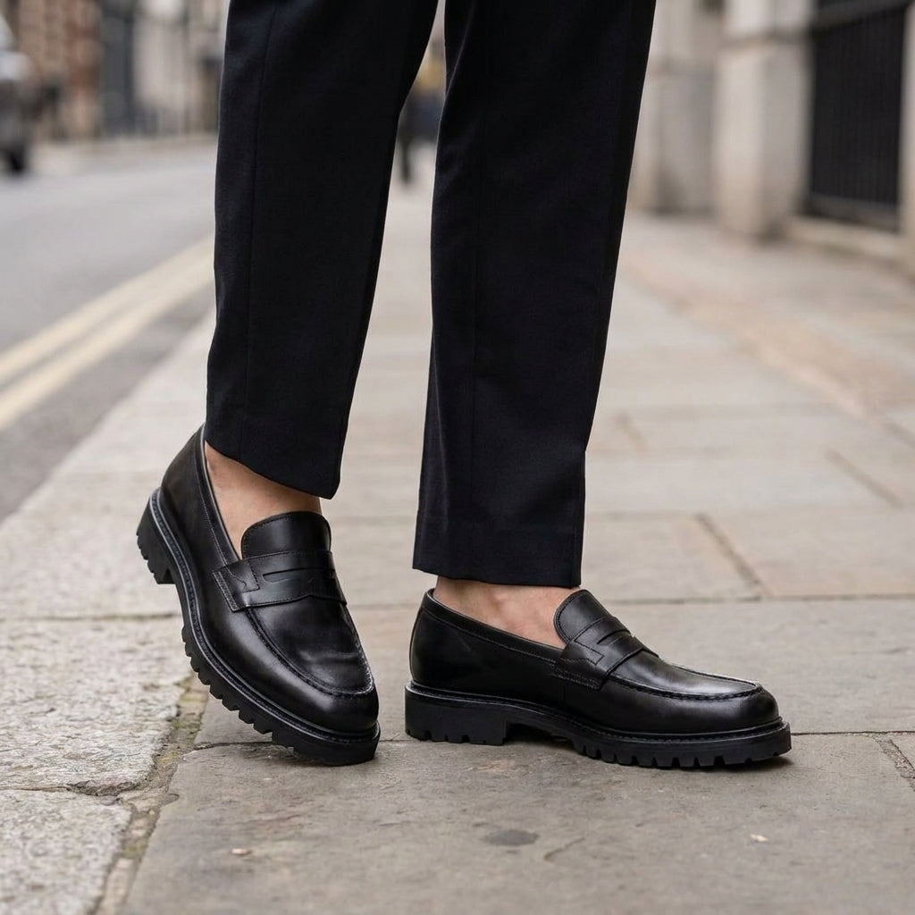 Black Leather Presanella Chunky Penny Loafer with Pebble Rubber Sole