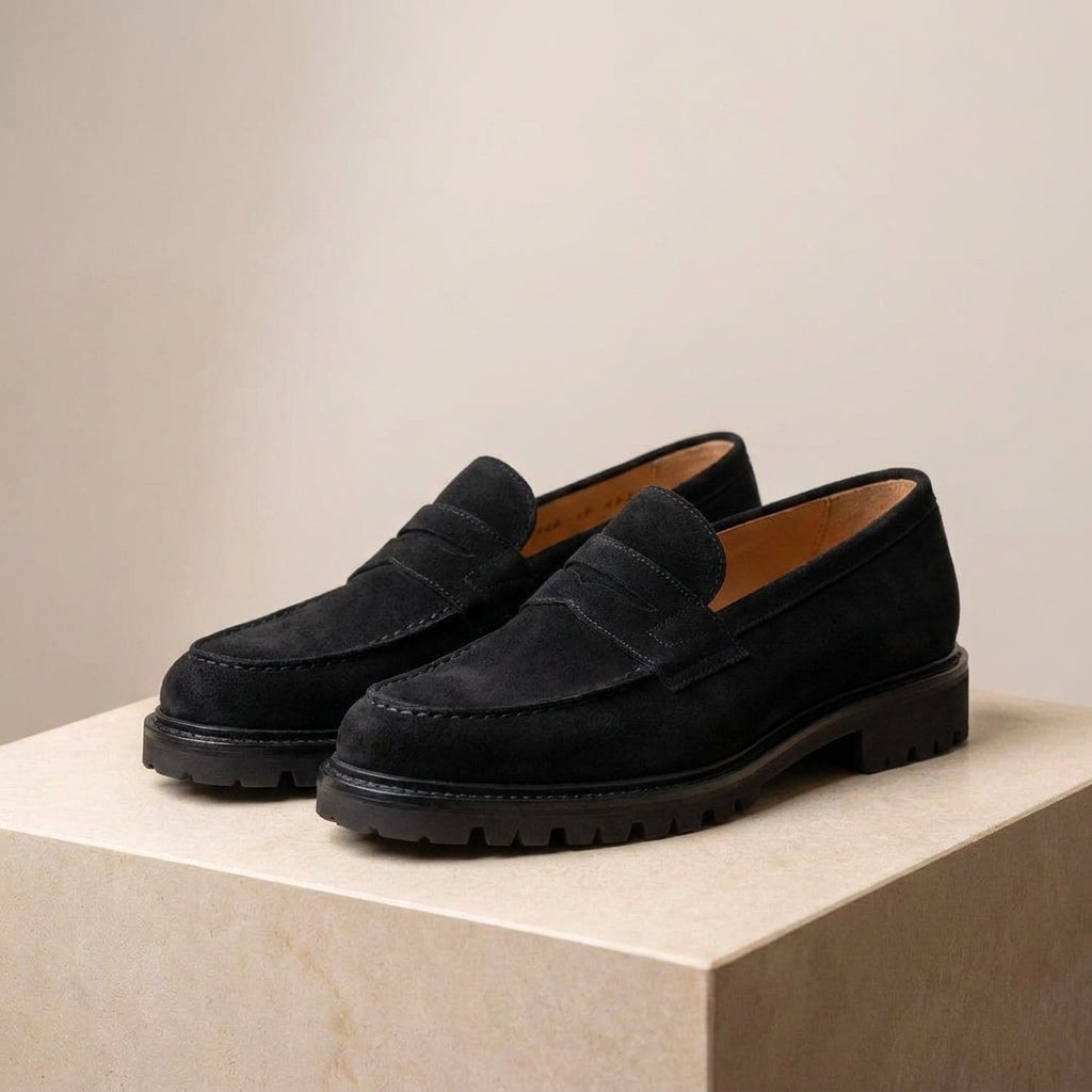 Black Suede Presanella Chunky Penny Loafer with Pebble Rubber Sole