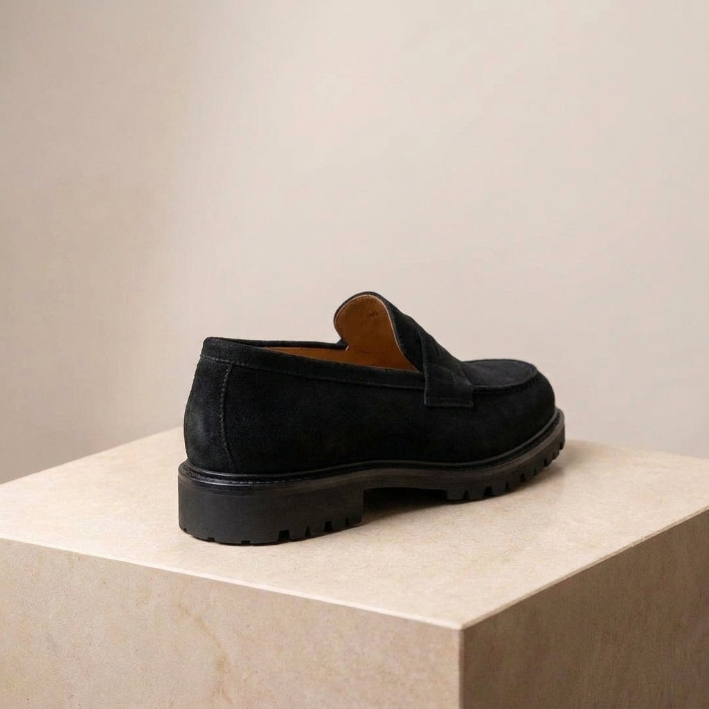 Black Suede Presanella Chunky Penny Loafer with Pebble Rubber Sole