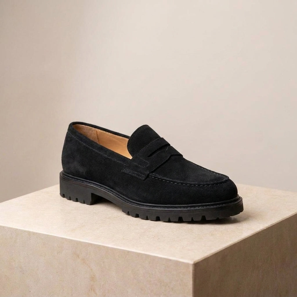 Black Suede Presanella Chunky Penny Loafer with Pebble Rubber Sole
