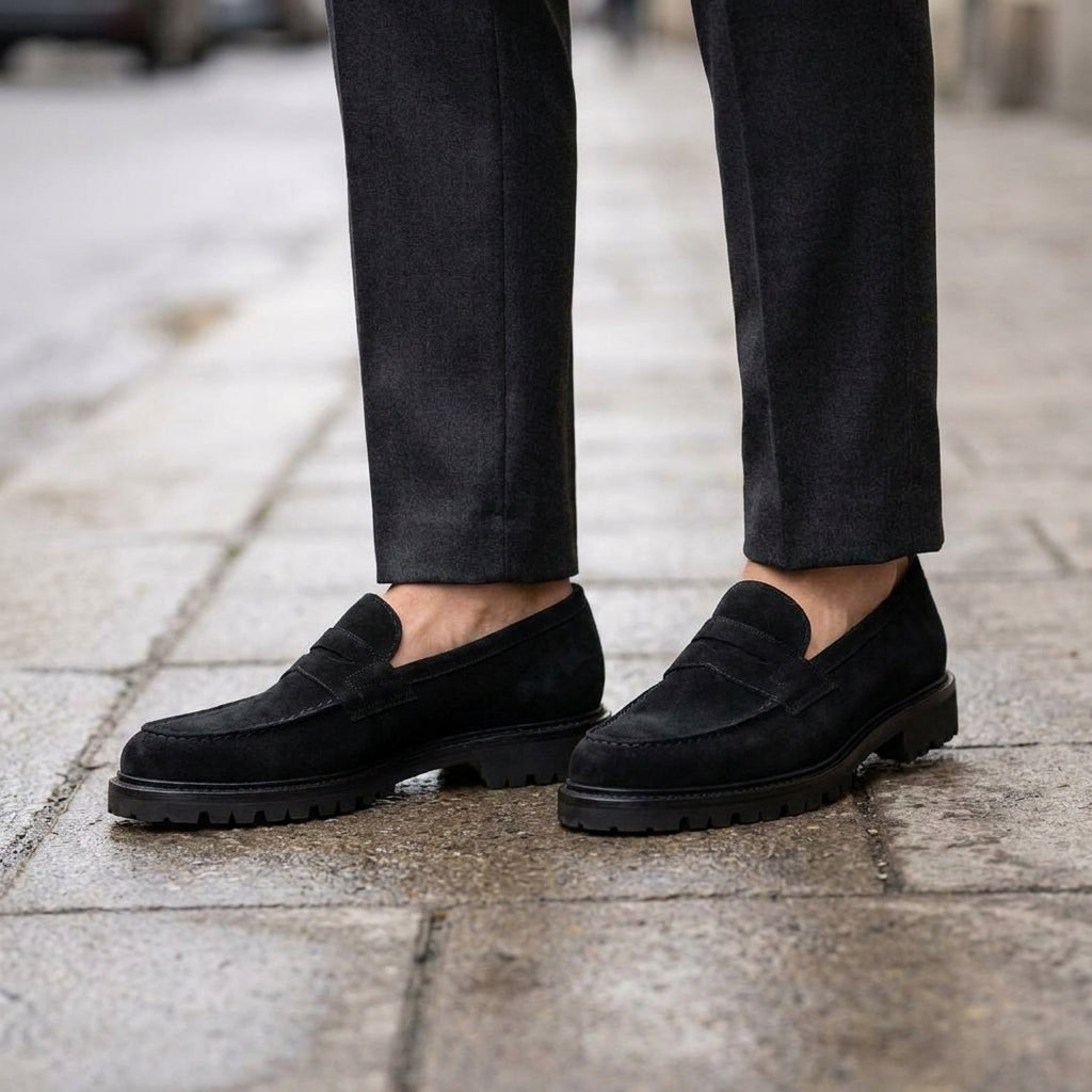 Black Suede Presanella Chunky Penny Loafer with Pebble Rubber Sole