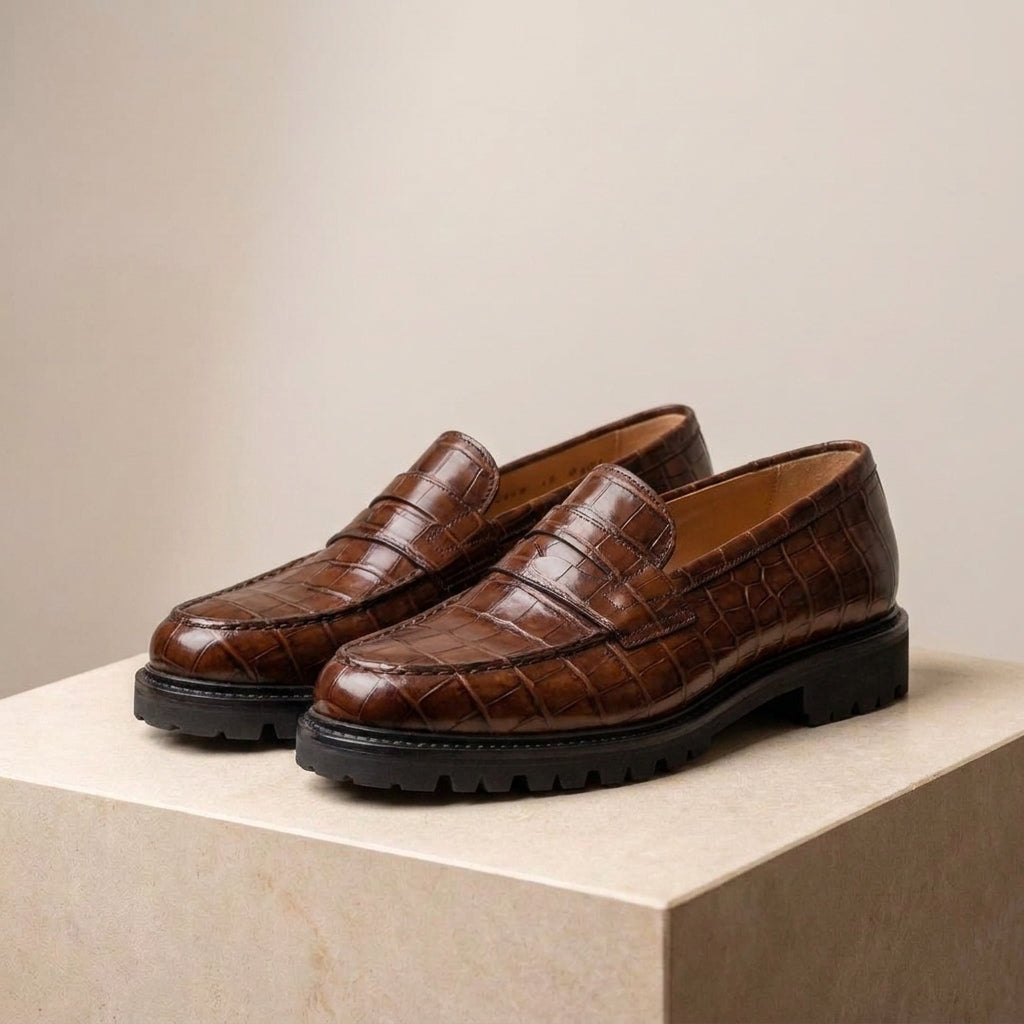 Brown Crocodile-Print Leather Presanella Chunky Penny Loafer with Pebble Rubber Sole