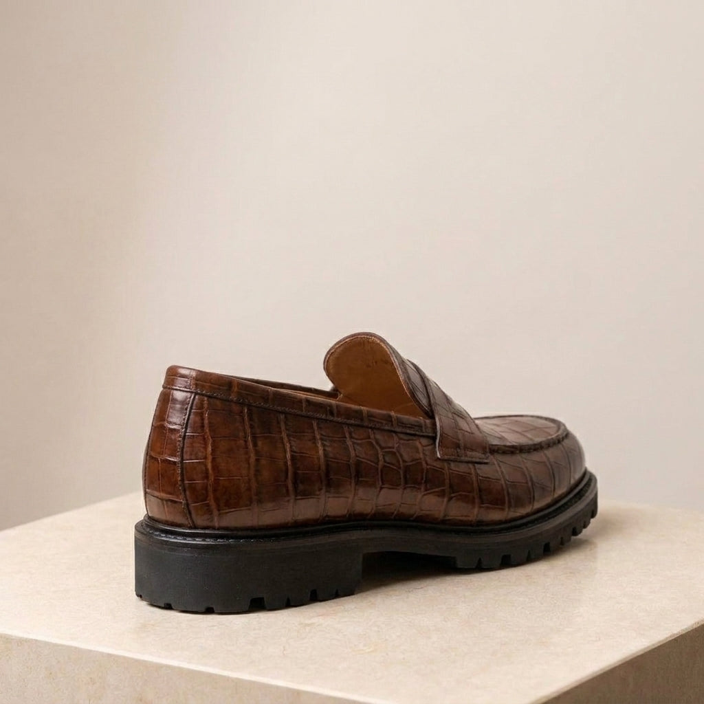 Brown Crocodile-Print Leather Presanella Chunky Penny Loafer with Pebble Rubber Sole