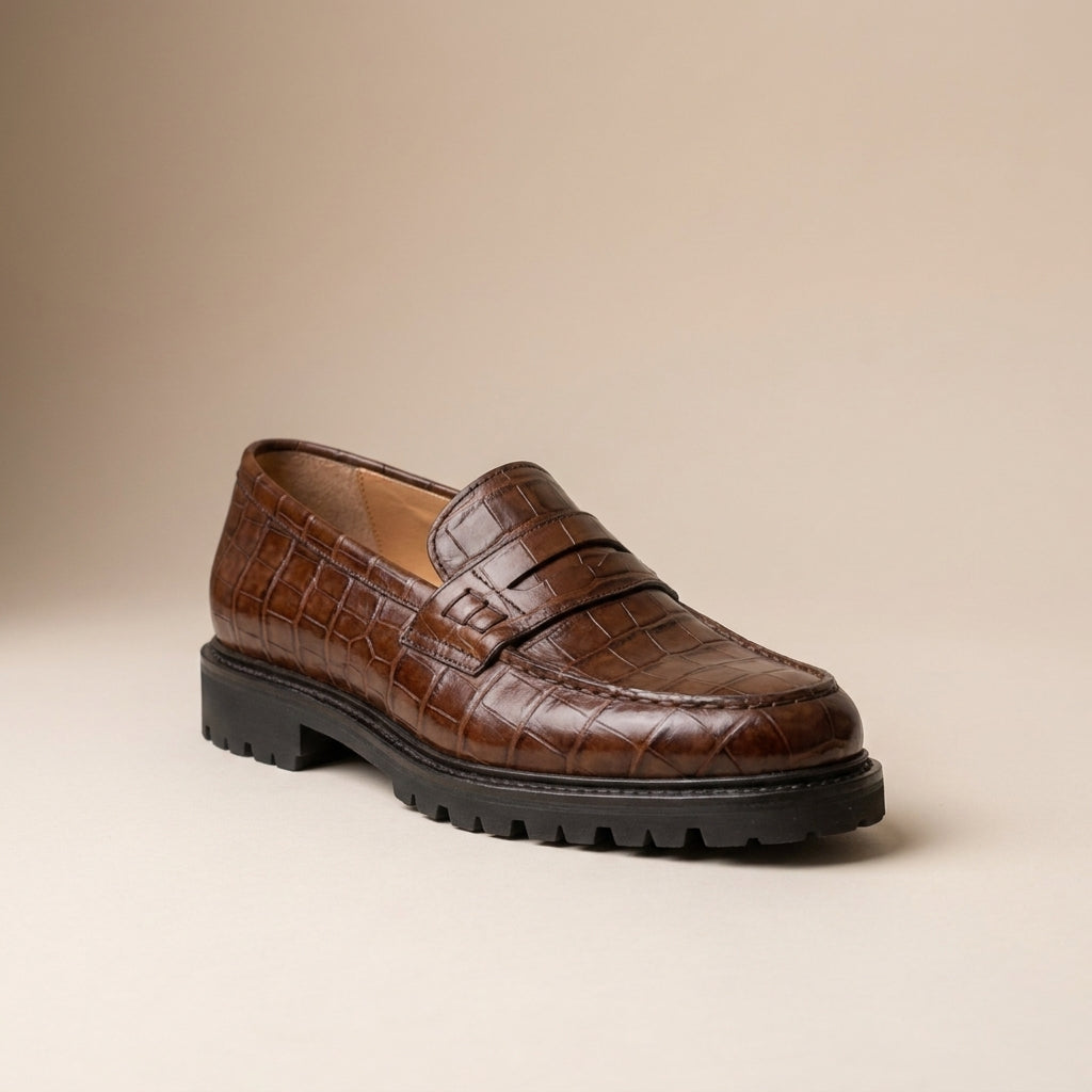 Brown Crocodile-Print Leather Presanella Chunky Penny Loafer with Pebble Rubber Sole