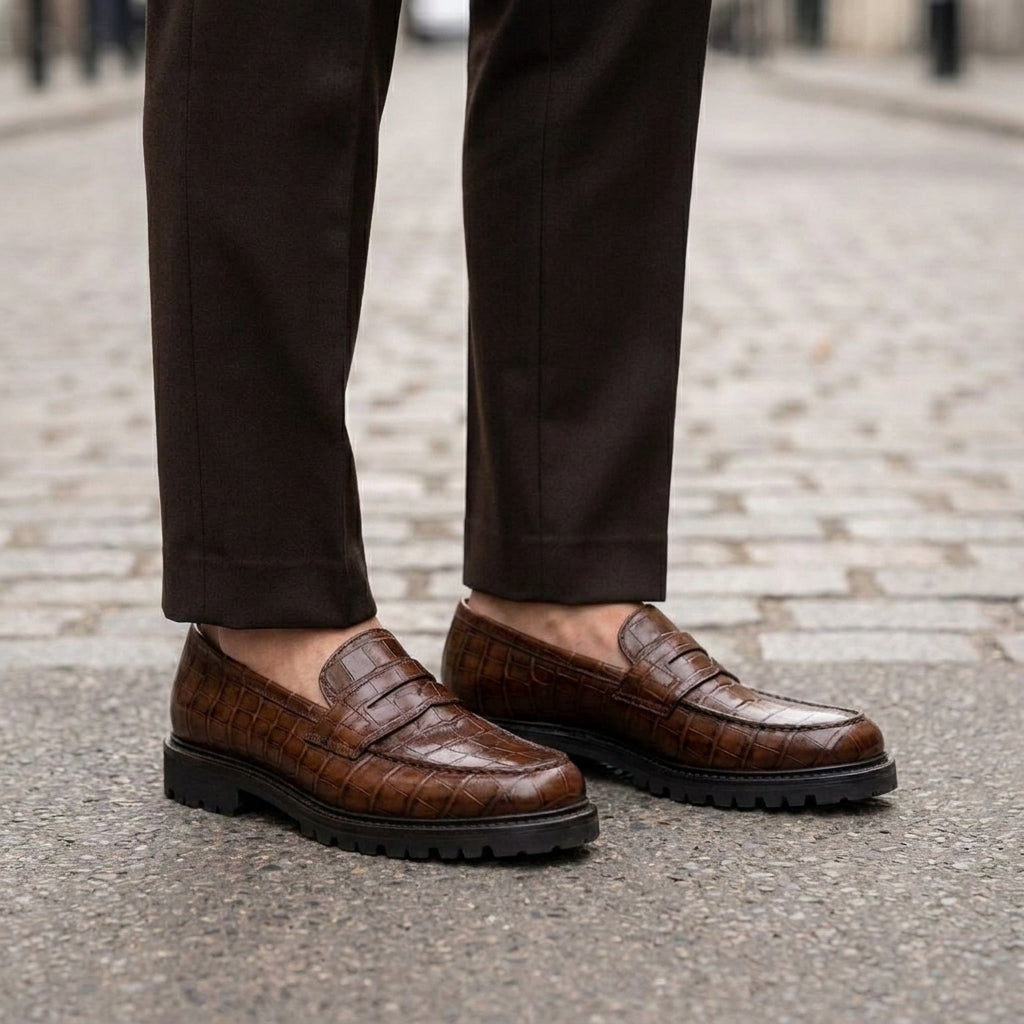 Brown Crocodile-Print Leather Presanella Chunky Penny Loafer with Pebble Rubber Sole
