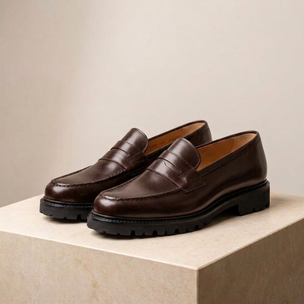 Brown Leather Presanella Chunky Penny Loafer with Pebble Rubber Sole