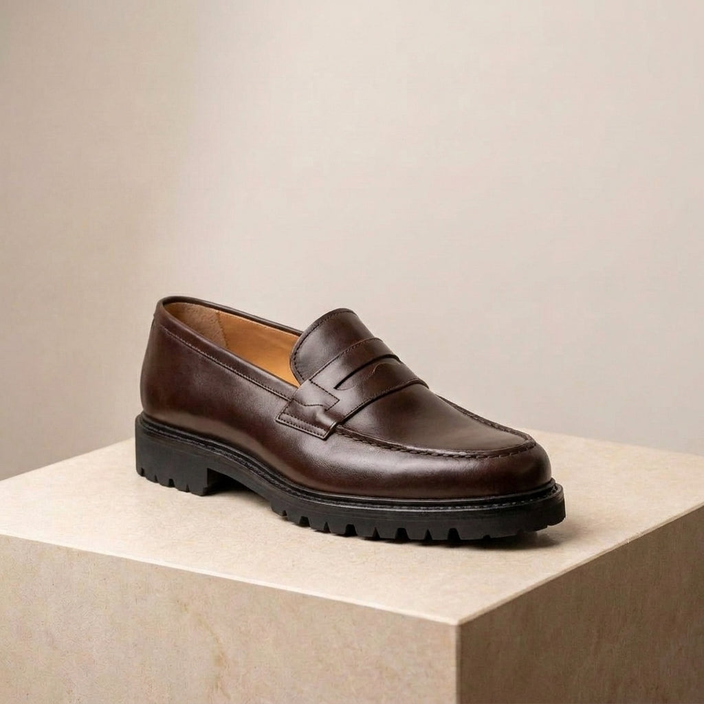 Brown Leather Presanella Chunky Penny Loafer with Pebble Rubber Sole