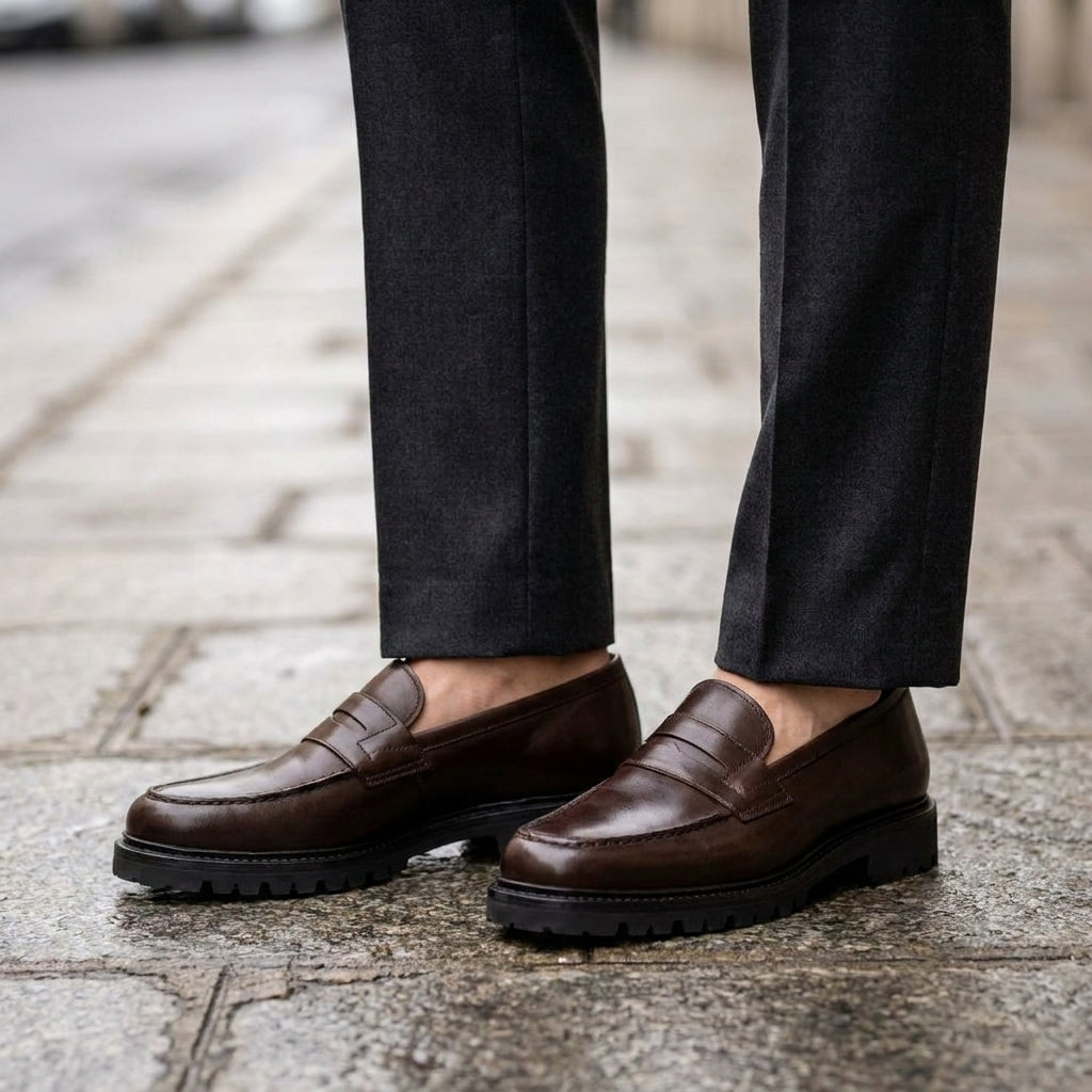 Brown Leather Presanella Chunky Penny Loafer with Pebble Rubber Sole