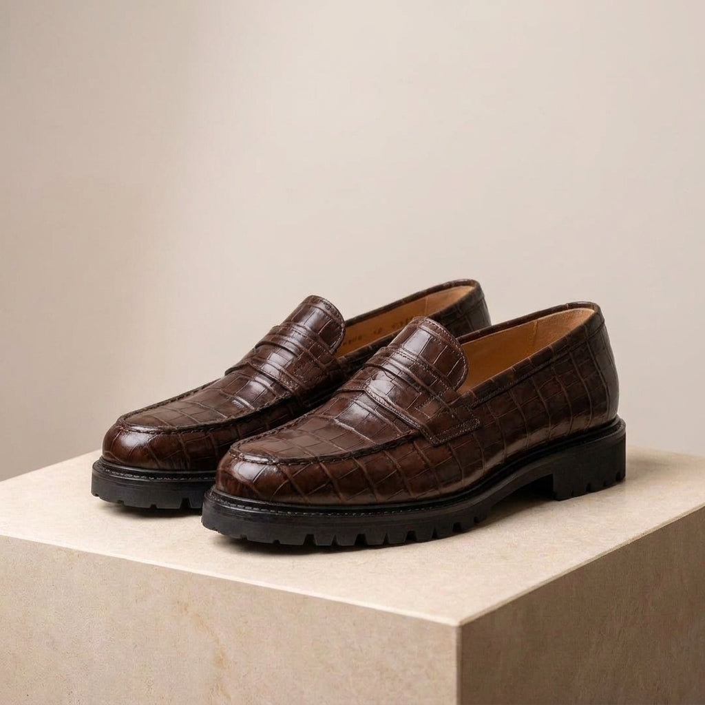 Burgundy Crocodile-Print Leather Presanella Chunky Penny Loafer with Pebble Rubber Sole
