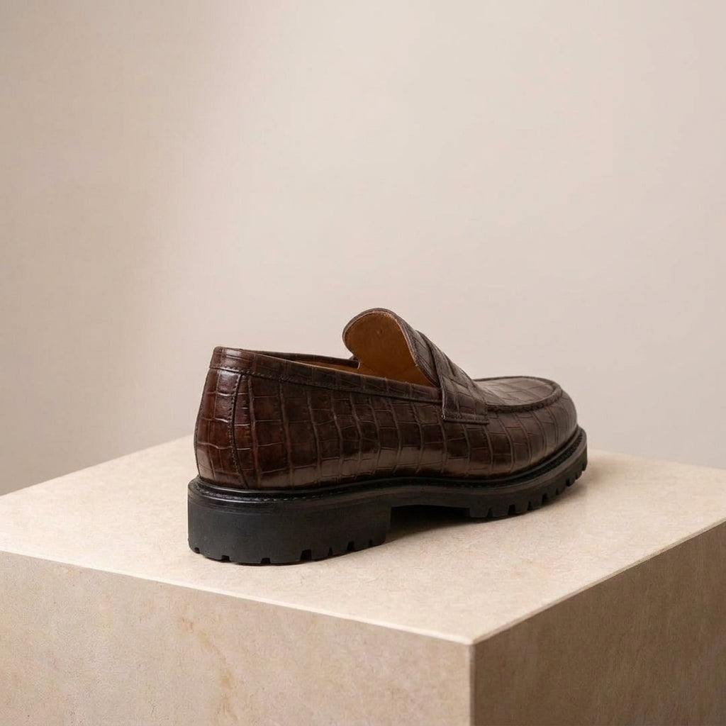 Burgundy Crocodile-Print Leather Presanella Chunky Penny Loafer with Pebble Rubber Sole