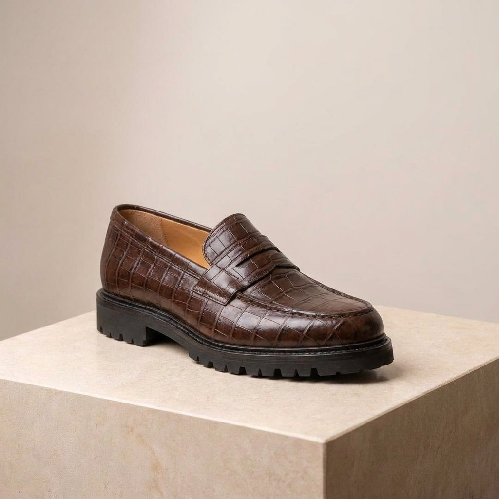 Burgundy Crocodile-Print Leather Presanella Chunky Penny Loafer with Pebble Rubber Sole