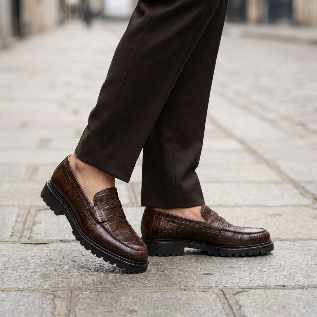 Burgundy Crocodile-Print Leather Presanella Chunky Penny Loafer with Pebble Rubber Sole