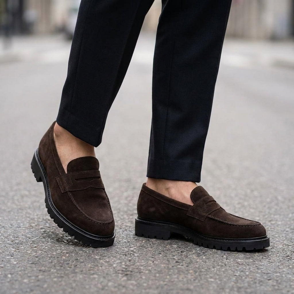 Burgundy Suede Presanella Chunky Penny Loafer with Pebble Rubber Sole