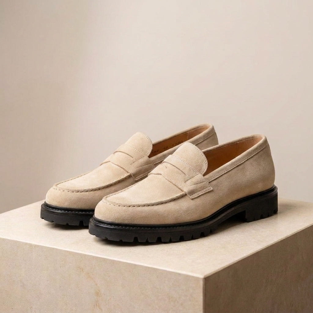 Cream Suede Presanella Chunky Penny Loafer with Pebble Rubber Sole