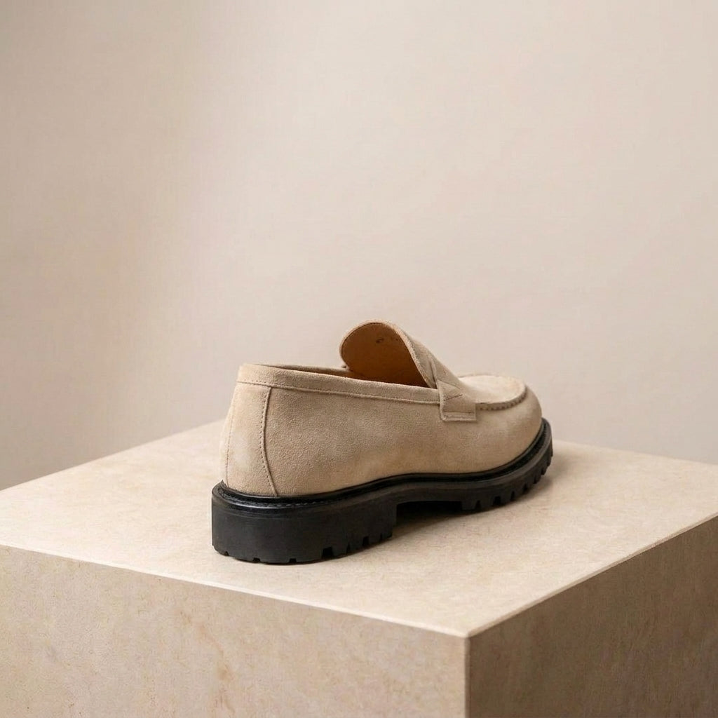 Cream Suede Presanella Chunky Penny Loafer with Pebble Rubber Sole