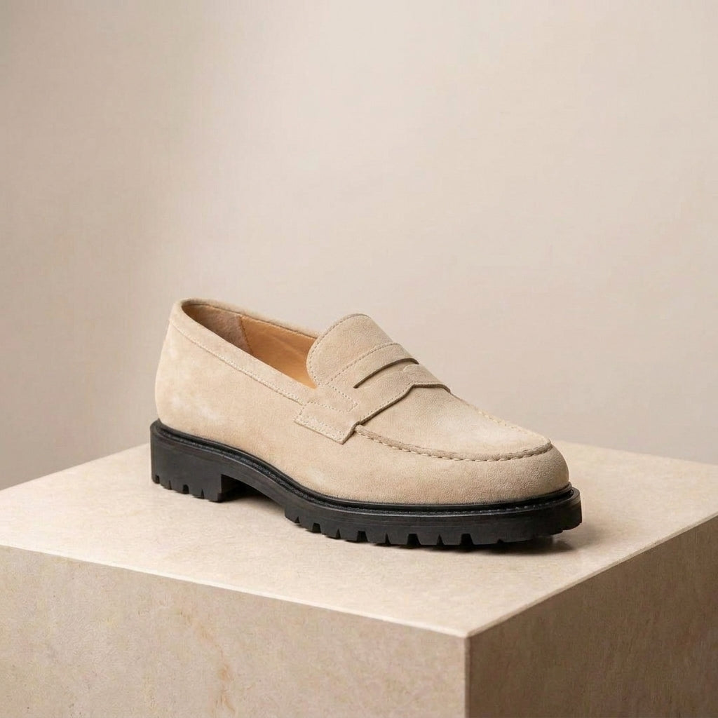 Cream Suede Presanella Chunky Penny Loafer with Pebble Rubber Sole