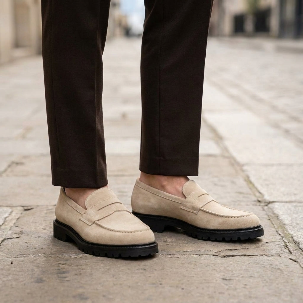 Cream Suede Presanella Chunky Penny Loafer with Pebble Rubber Sole