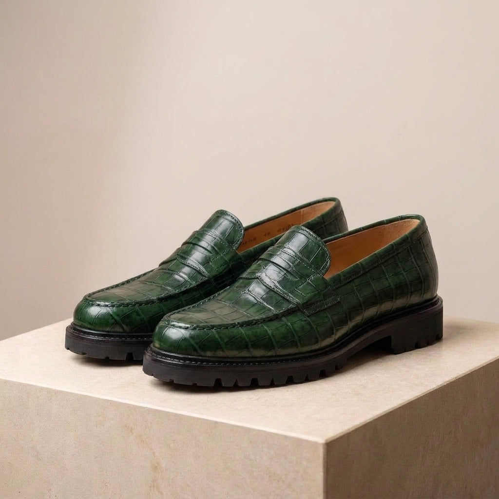 Green Crocodile-Print Leather Presanella Chunky Penny Loafer with Pebble Rubber Sole